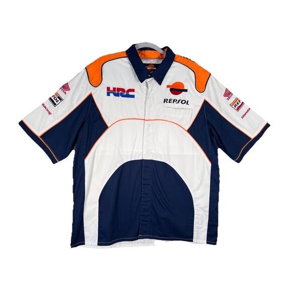 Vintage Honda HRC Pit Shirt Repsol Short Sleeve Patch Button Down Size Large - Picture 1 of 10